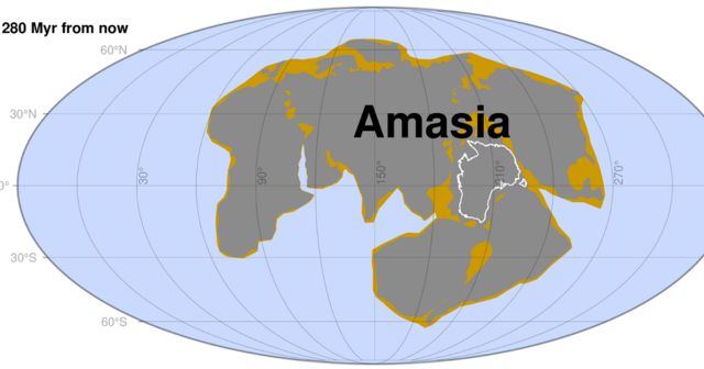 แผนที่จำลองรูปทรงและตำแหน่งของมหาทวีปอามาเซีย ซึ่งจะเกิดขึ้นใน 280 ล้านปีข้างหน้า