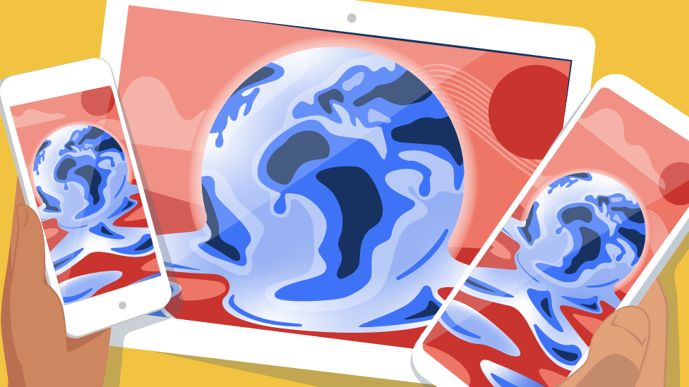 Illustration of melting planets displayed on smartphones and tablets.