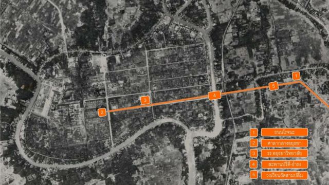 แผนที่แสดงแนว ถ.โรจนะ ที่ตัดผ่านเข้ามาในพื้นที่เกาะเมืองอยุธยา และโครงการก่อสร้างสำคัญ ๆ ในยุคคณะราษฎร