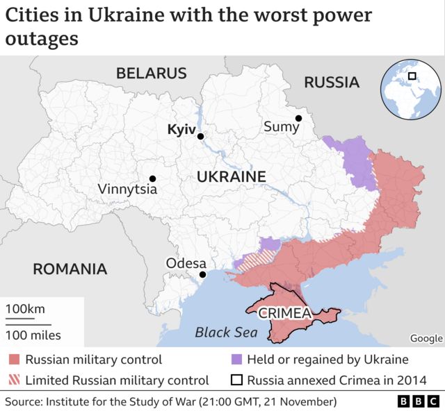Map of Ukraine showing cities worst affected by power outages