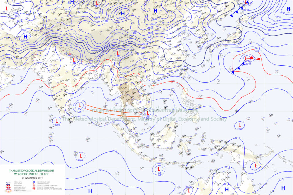 บริเวณความกดอากาศสูงหรือมวลอากาศเย็นกำลังอ่อนปกคลุมประเทศไทยตอนบน ประกอบกับร่องมรสุมพาดผ่านภาคใต้ตอนกลางเข้าสู่หย่อมความกดอากาศต่ำกำลังแรงบริเวณชายฝั่งประเทศเวียดนามตอนล่าง