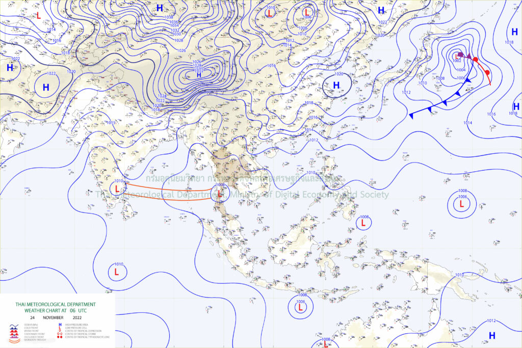หย่อมความกดอากาศต่ำกำลังแรงปกคลุมอ่าวไทยตอนบน ประกอบกับร่องมรสุมพาดผ่านภาคใต้ตอนบน