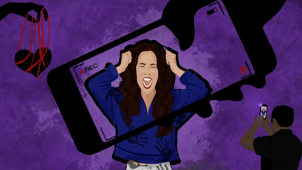 A woman screams and pulls at her hair as a mobile phone screen hovers over her.