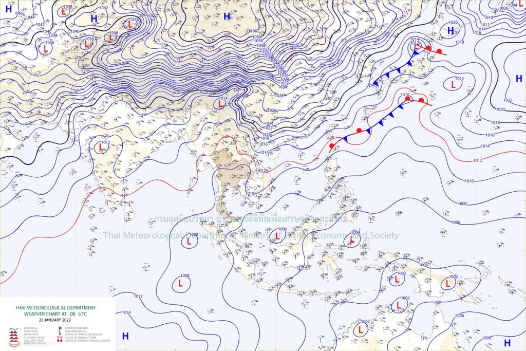 บริเวณความกดอากาศสูงหรือมวลอากาศเย็นปกคลุมประเทศไทยตอนบนและทะเลจีนใต้ ประกอบกับมีหย่อมความกดอากาศต่ำปกคลุมบริเวณทะเลจีนใต้ตอนล่าง