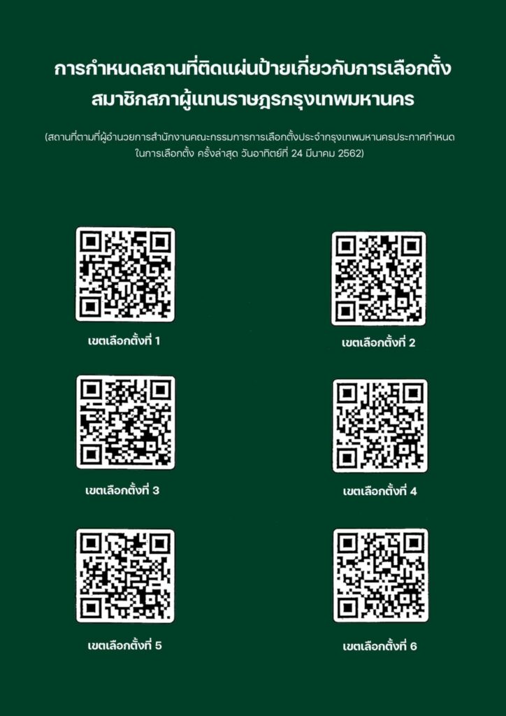 คิวอาร์โค้ด การกำหนดสถานที่ติดแผ่นป้ายเกี่ยวกับการเลือกตั้งสมาชิกสภาผู้แทนราษฎรกรุงเทพมหานคร