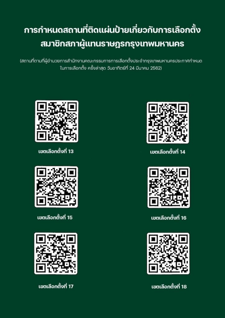คิวอาร์โค้ด การกำหนดสถานที่ติดแผ่นป้ายเกี่ยวกับการเลือกตั้งสมาชิกสภาผู้แทนราษฎรกรุงเทพมหานคร