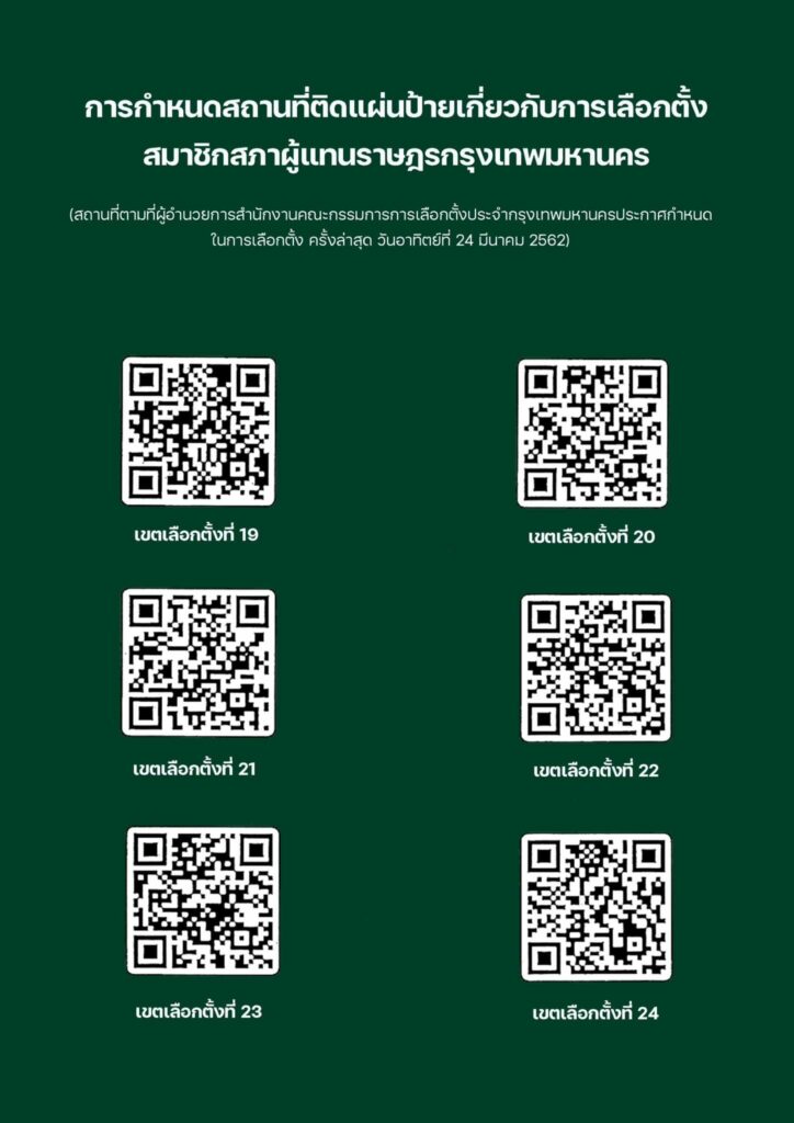 คิวอาร์โค้ด การกำหนดสถานที่ติดแผ่นป้ายเกี่ยวกับการเลือกตั้งสมาชิกสภาผู้แทนราษฎรกรุงเทพมหานคร