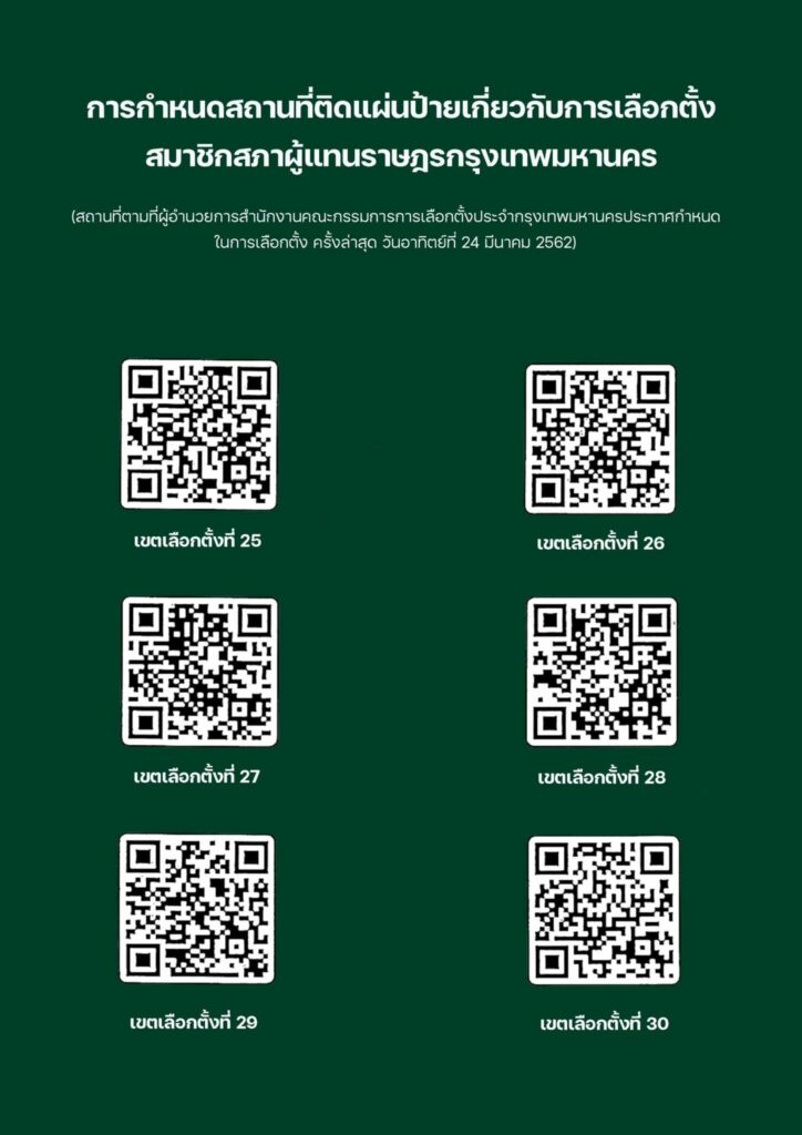 คิวอาร์โค้ด การกำหนดสถานที่ติดแผ่นป้ายเกี่ยวกับการเลือกตั้งสมาชิกสภาผู้แทนราษฎรกรุงเทพมหานคร