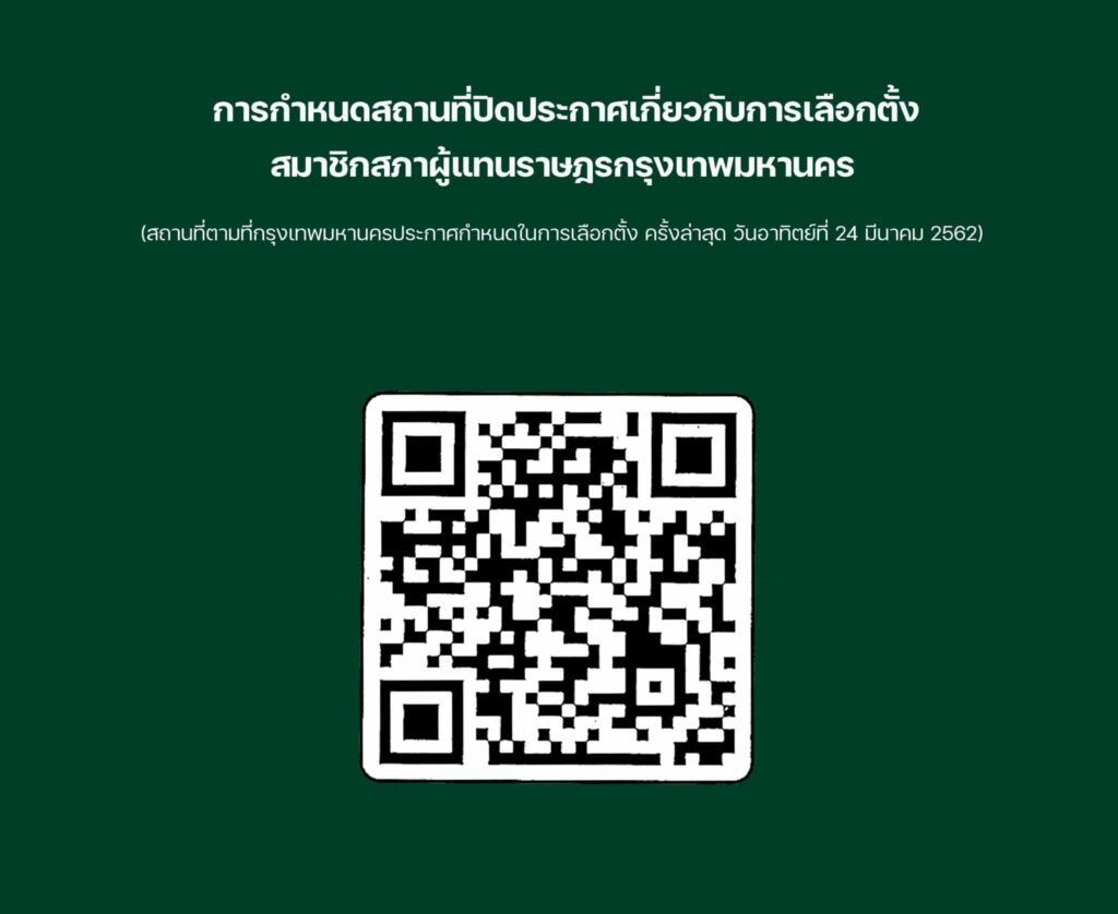 คิวอาร์โค้ด การกำหนดสถานที่ติดแผ่นป้ายเกี่ยวกับการเลือกตั้งสมาชิกสภาผู้แทนราษฎรกรุงเทพมหานคร