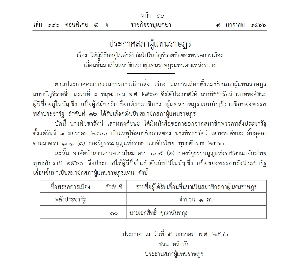 ราชกิจจาฯ-ประกาศสภาผู้แทนราษฎร