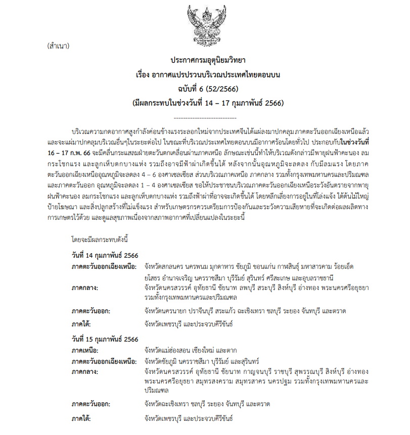 ประกาศเตือน ฉบับที่ 6 อากาศแปรปรวน