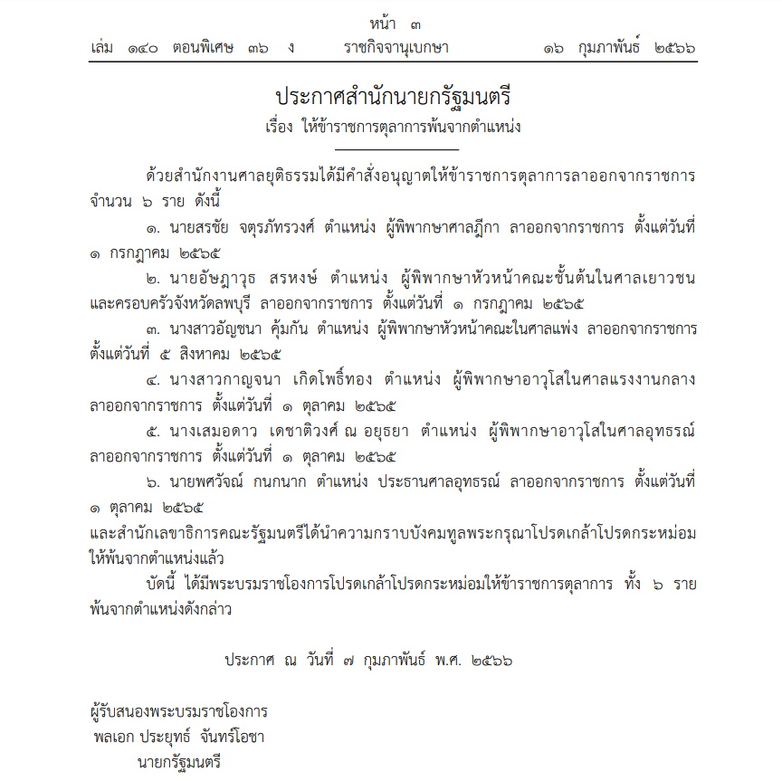 ประกาศสำนักนายกฯ-16 ก.พ.66 ให้ข้าราชการตุลาการออกจากตำแหน่ง