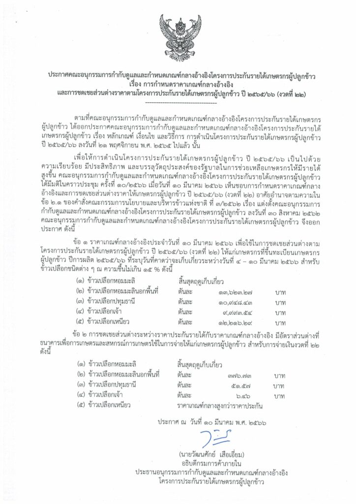 ประกันรายได้ข้าวงวดที่ 22