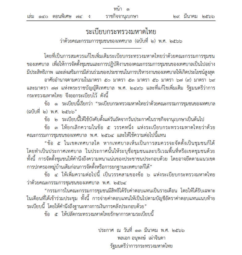 ระเบียบมหาดไทย ตั้งคณะกรรมการชุมชนเทศบาล