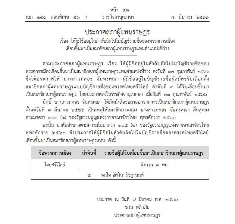 เลื่อนลำดับส.ส. พรรคศรีวิไลย์