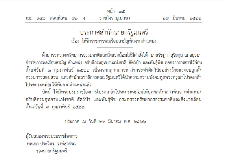 โปรดเกล้าฯให้รัชฎา สุรยกุล พ้นจากตำแหน่ง