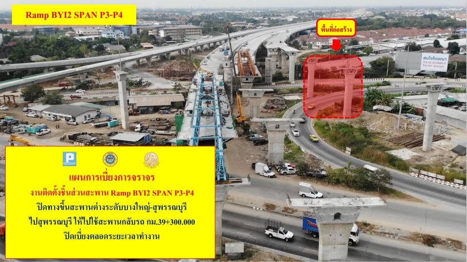 ทางหลวงปิดทางขึ้นสะพานต่างระดับบางใหญ่-สุพรรณบุรี 3 วัน