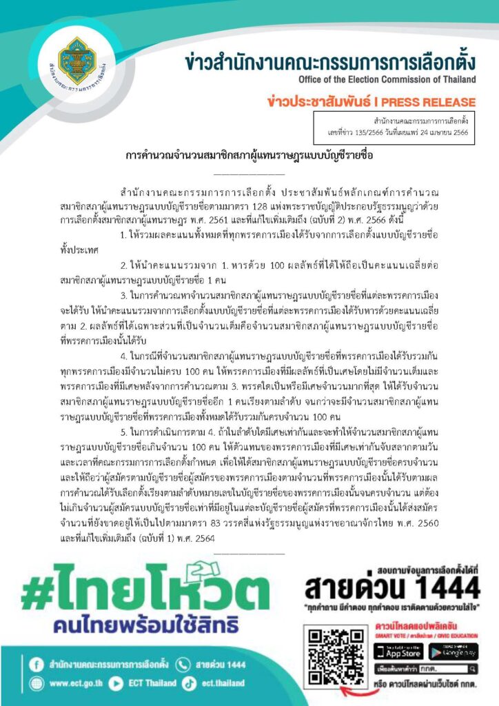 สูตรคำนวณ ฉบับหาร 100 เลือกตั้ง 2566
