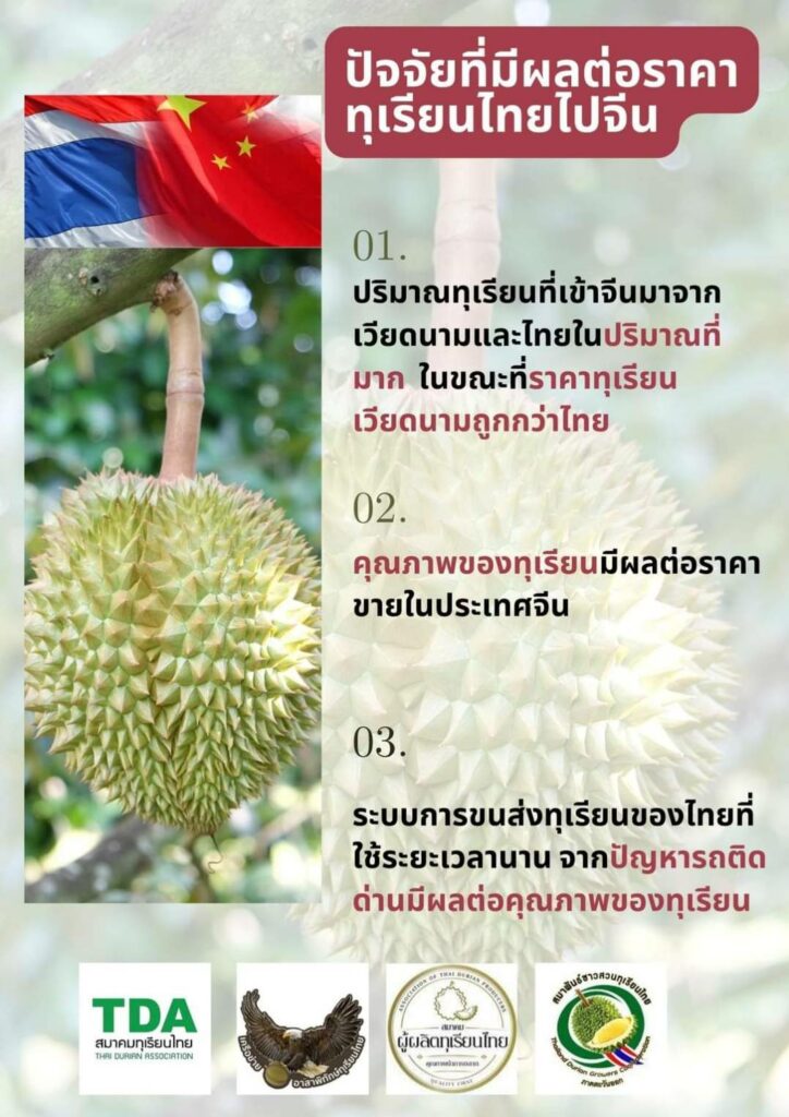 3 ปัจจัยที่มีผลต่อราคาทุเรียนไทยไปจีน