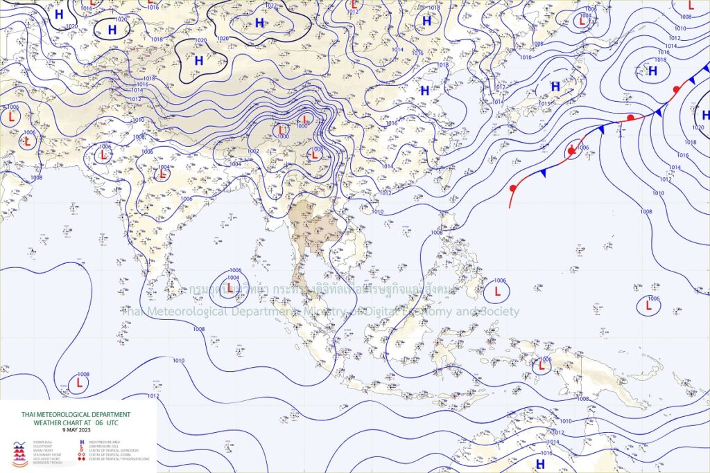 แผนที่อากาศผิวพื้น 9 พฤษภาคม 2566 13.00