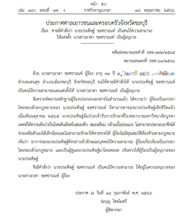 ศาลมีคำสั่งให้ ประดิษฐ์ ชลศรานนท์ เป็นคนไร้ความสามารถ
