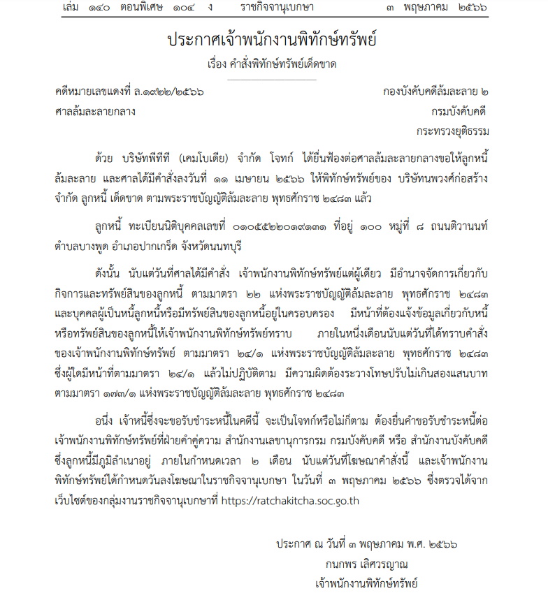 พิทักษ์ทรัพย์ บริษัทนพวงศ์ก่อสร้าง