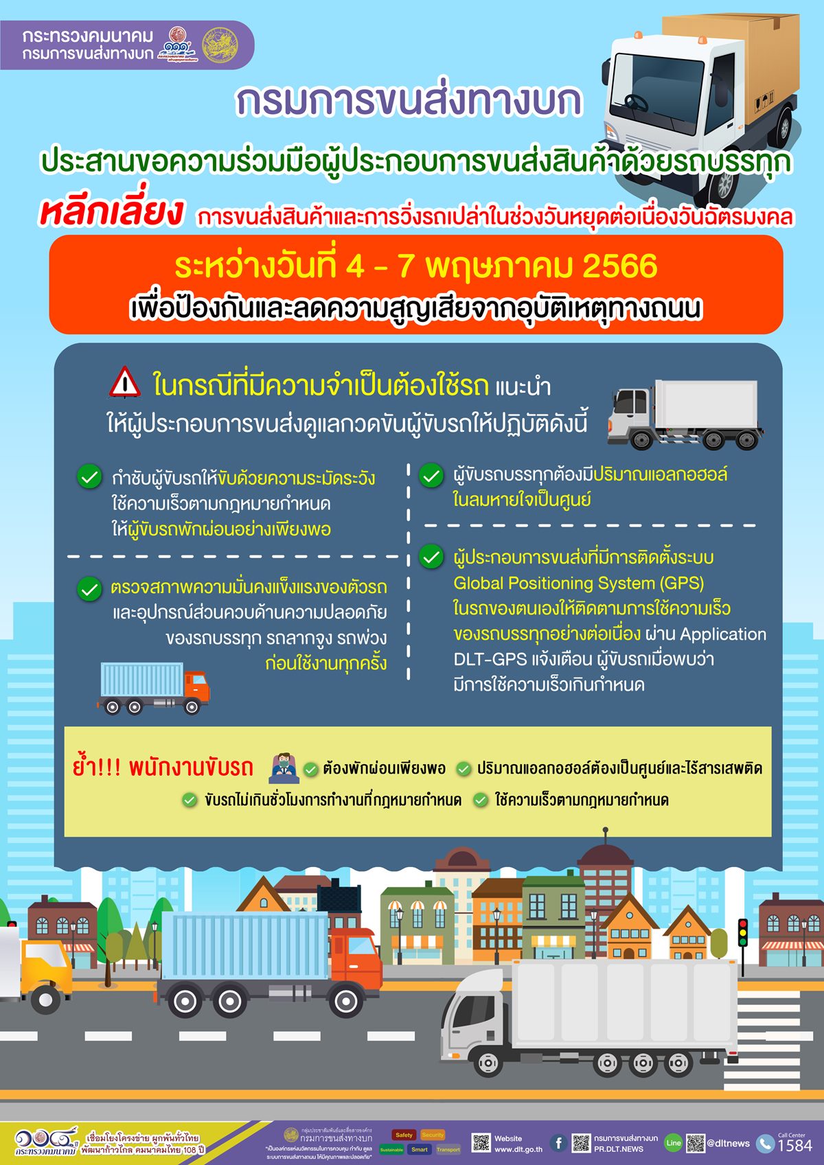 วอนกลุ่มขนส่งหลีกเลี่ยงการขนส่งสินค้าและการวิ่งรถ 4-7พ.ค