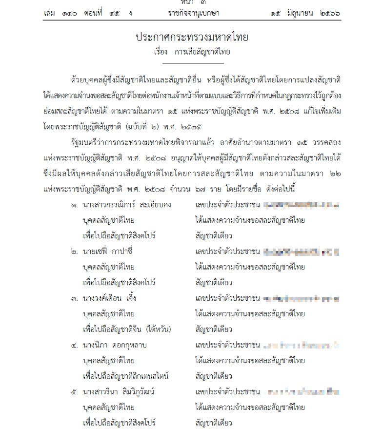 ประกาศขอสละสัญชาติไทย