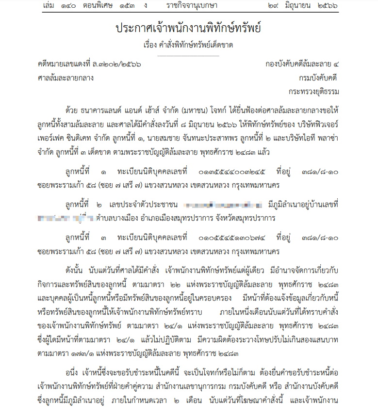 -ประกาศเจ้าพนักงานพิทักษ์ทรัพย์ ฟิวเจอร์ เพอร์เฟค ซินดีเคท
