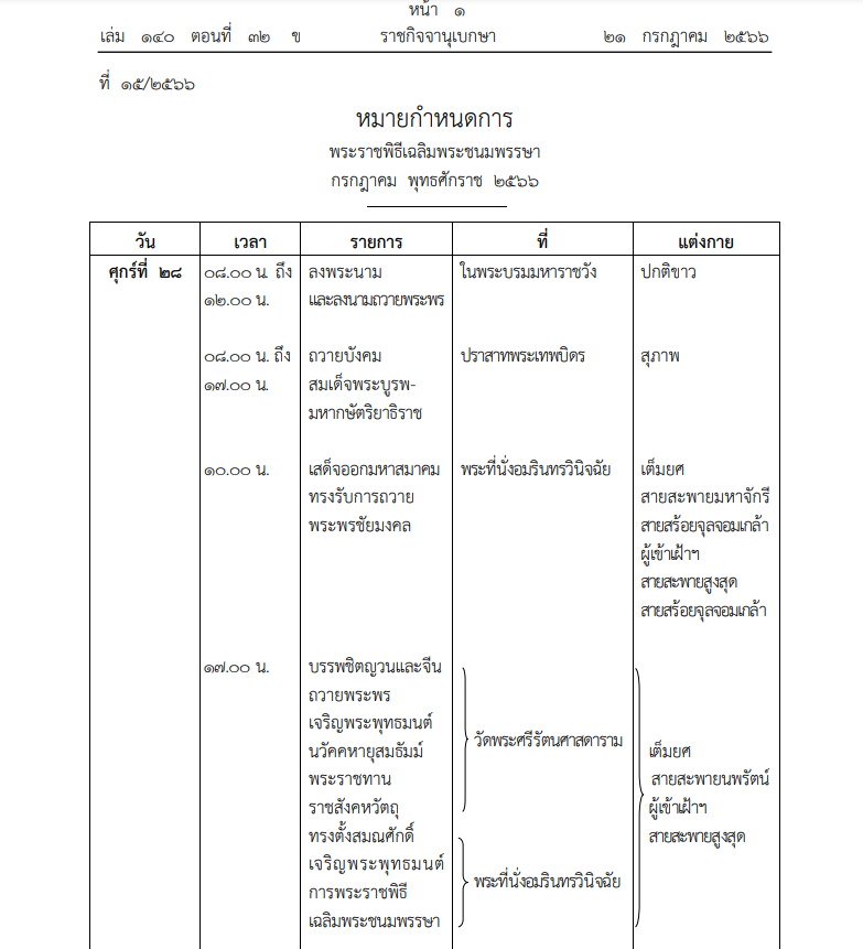 หมายกำหนดการ พระราชพิธีเฉลิมพระชนมพรรษา กรกฎาคม พ.ศ. 2566