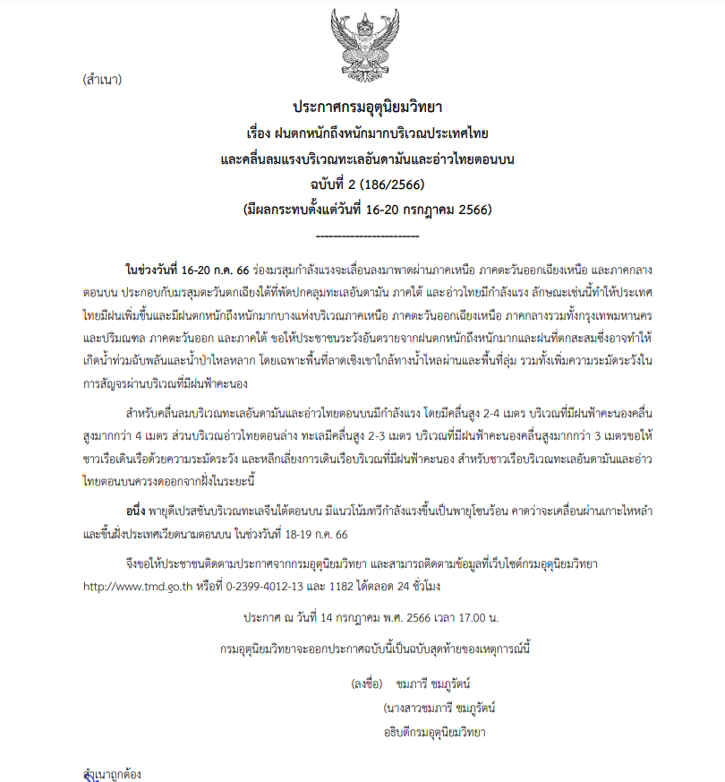 ประกาสเตือนฉบับที่ 2 ฝนตกหนักถุงหนักมาก 16-20 ก.ค.66