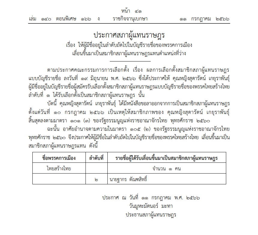 ราชกิจจาฯเลื่อนลำดับส.ส.ไทยสร้างไทย