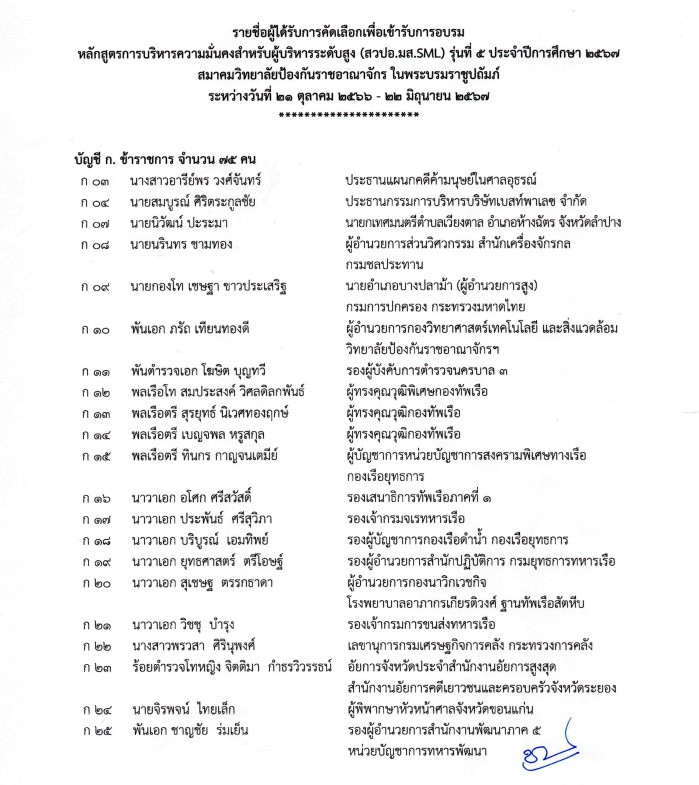ประกาศสมาคมวิทยาลัยป้องกันราชอาณาจักร รายชื่อผู้เข้าเรียนหลักสูตร วปอ-มส. SML รุ่น 5