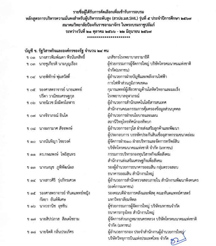 ประกาศสมาคมวิทยาลัยป้องกันราชอาณาจักร รายชื่อผู้เข้าเรียนหลักสูตร วปอ-มส. SML รุ่น 5