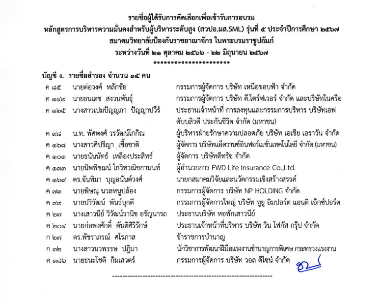 ประกาศสมาคมวิทยาลัยป้องกันราชอาณาจักร รายชื่อผู้เข้าเรียนหลักสูตร วปอ-มส. SML รุ่น 5