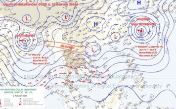 อธิบายภาพ: เส้นทางพายุไต้ฝุ่น "ขนุน" เช้าวันนี้ (3/8/66) : พายุยังเคลื่อนตัวทางตะวันตกเฉียงเหนือ มีแนวโน้มจะเคลื่อนตัวโค้งกลับไปทางประเทศญี่ปุ่น พายุนี้ไม่มีผลกระทบต่อประเทศไทย แต่ขอให้ท่านที่จะเดินทางไปประเทศญี่ปุ่นในระยะนี้ และสัปดาห์หน้า ตรวจสอบสภาพอากาศก่อนออกเดินทางร่องมรสุมกำลังปานกลางพาดผ่านประเทศเมียนมาและประเทศลาวตอนบน เข้าสู่หย่อมความกดอากาศต่ำบริเวณชายฝั่งประเทศเวียดนามตอนบน ประกอบกับมีพายุไต้ฝุ่น "ขนุน (KHANUN)" บริเวณมหาสมุทรแปซิฟิก และมีพายุดีเปรสชันบริเวณประเทศอินเดีย