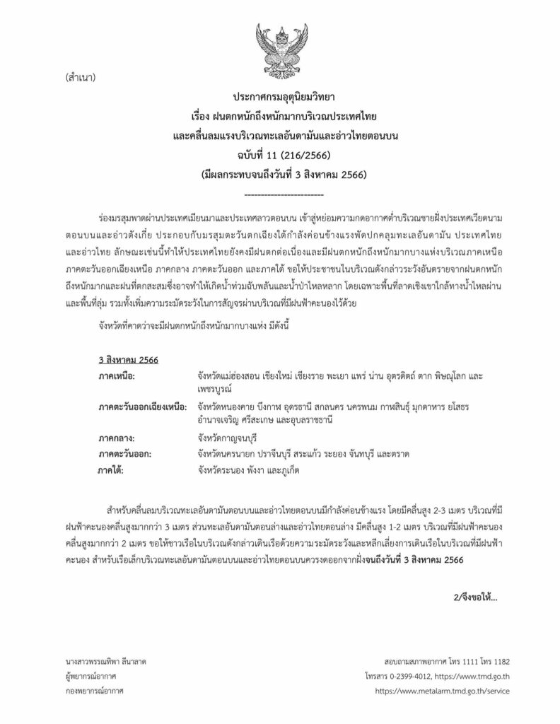 ประกาศเตือนฉบับสุดท้ายฝนตกหนัก 3 ส.ค.66