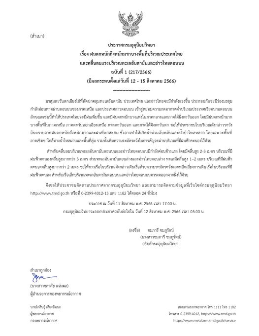 ประกาศเตือนฉบับที่ 1 ฝนตกหนัก วันที่ 12-15 สิงหาคม 2566