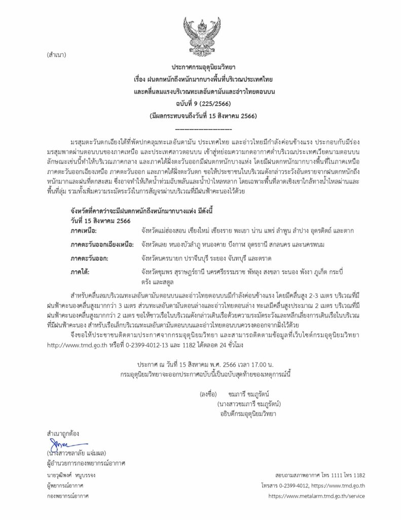 ประกาศฉบับที่ 9 (ฉบับสุดท้าย) เตือนฝนตกหนัก 15 สิงหาคม 2566
