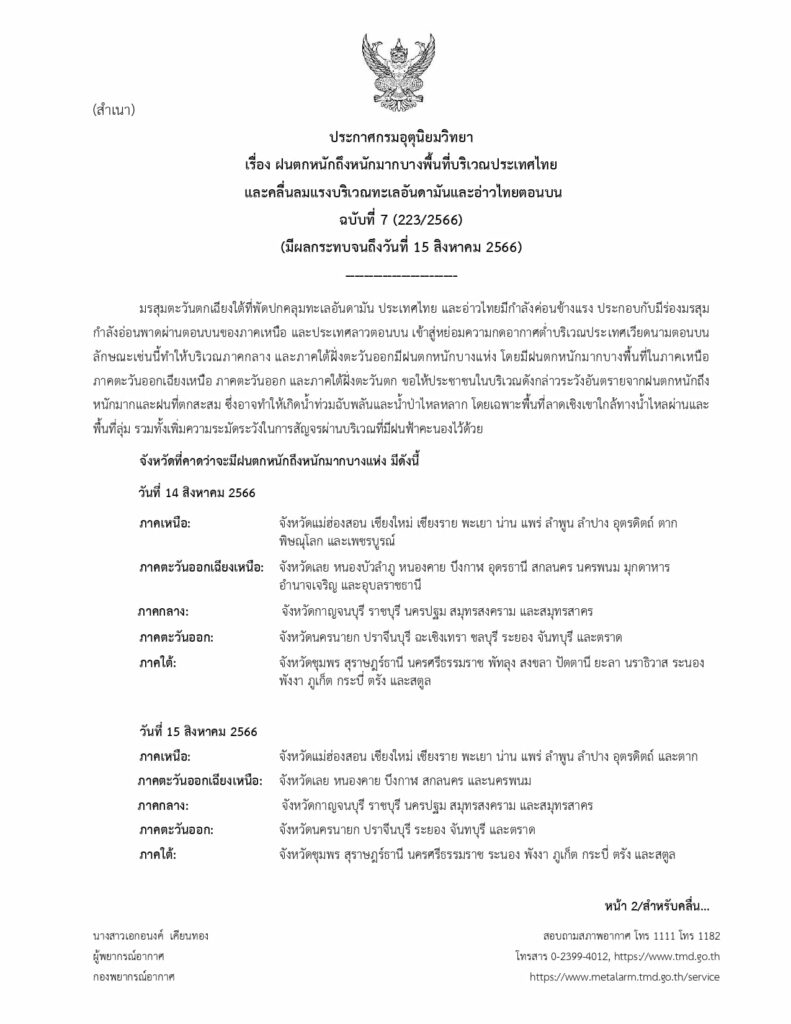 ประกาสเตือนฉบับที่ 7 ฝนตกหนัก-คลื่นลมแรง