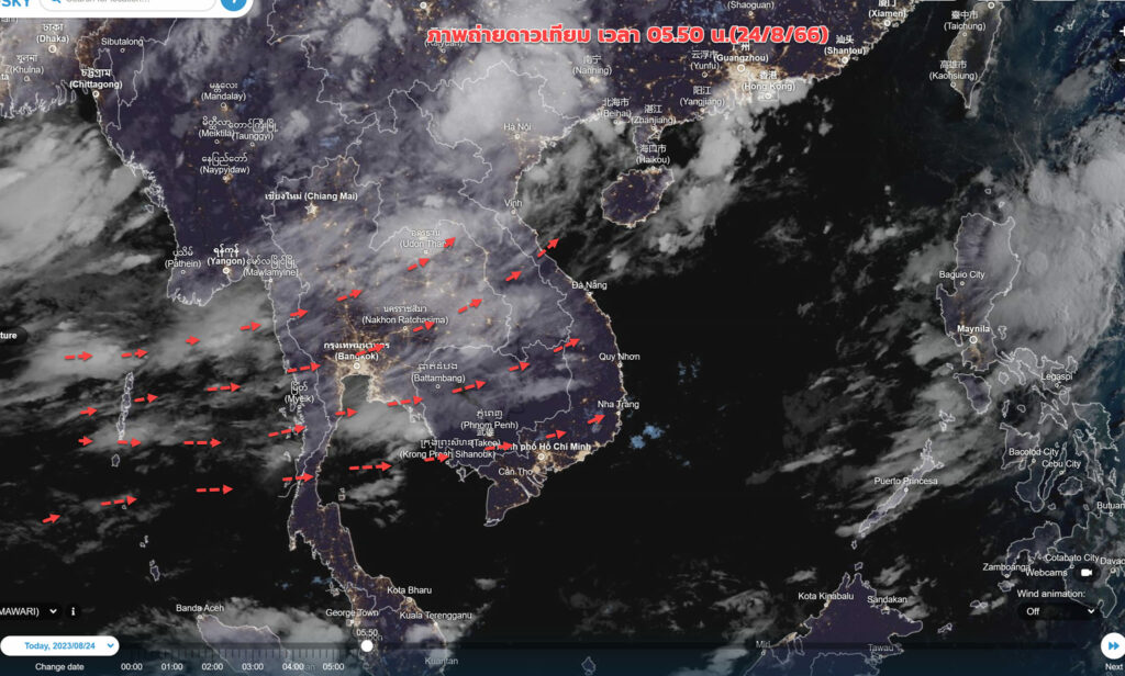 ภาพถ่ายดาวเทียมเช้าวันนี้ (24/8/66) เมฆฝนยังปกคลุมบริเวณภาคเหนือ ภาคอีสานตอนบน และภาคตะวันออก ใกล้แนวร่องมรสุมและหย่อมความกดอากาศต่ำ