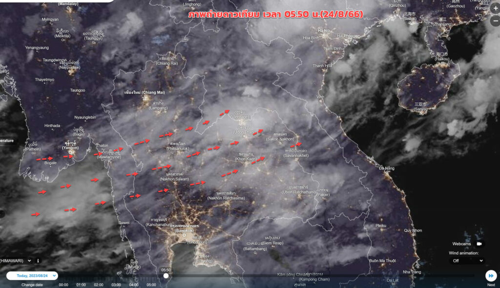 ภาพถ่ายดาวเทียมเช้าวันนี้ (24/8/66) เมฆฝนยังปกคลุมบริเวณภาคเหนือ ภาคอีสานตอนบน และภาคตะวันออก ใกล้แนวร่องมรสุมและหย่อมความกดอากาศต่ำ