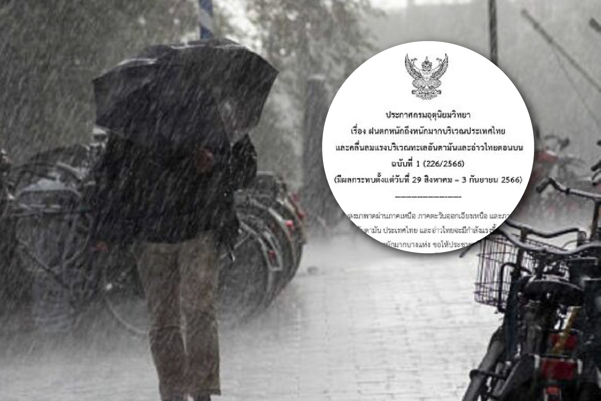 กรมอุตุฯ ประกาศเตือนฉบับที่ 1 ฝนตกหนัก-หนักมาก-คลื่นลมแรง 29 ส.ค.-3 ก.ย.2566