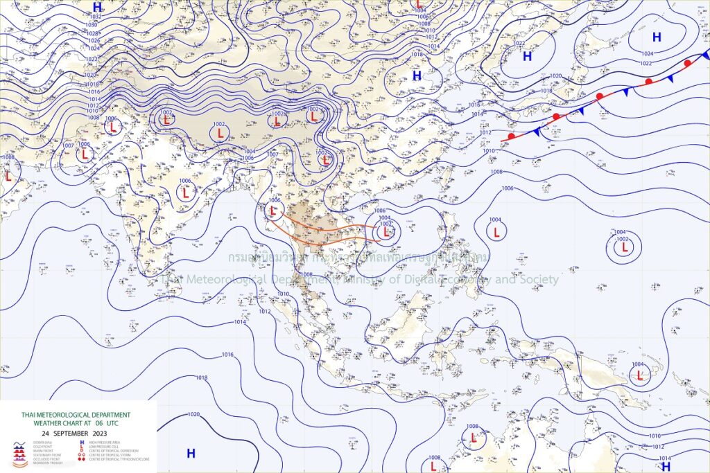 แผนที่อากาศผิวพื้นที่ มีร่องมรสุมพาดผ่านตอนกลางของประเทศ