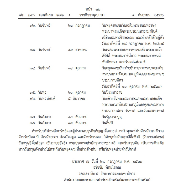 วันหยุดบริษัทหลักทรัพย์ปี 2567