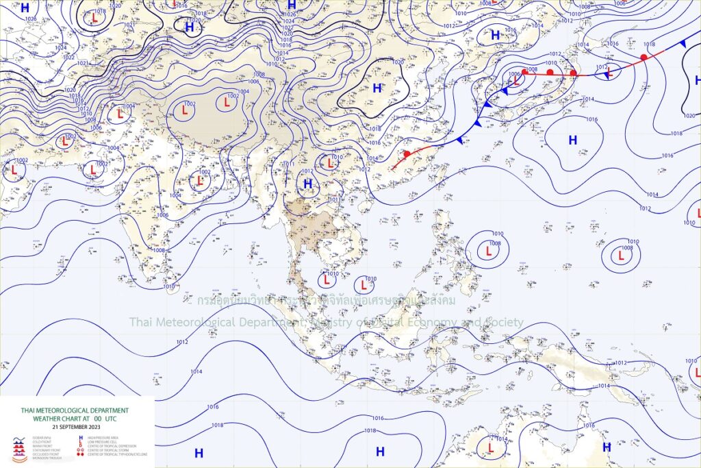 บริเวณความกดอากาศสูงจากซีกโลกใต้ปกคลุมทะเลอันดาม้น และด้านตะวันตกของประเทศไทย ประกอบกับมีหย่อมความกดอากาศต่ำปกคลุมบริเวณทะเลจีนใต้ตอนล่าง