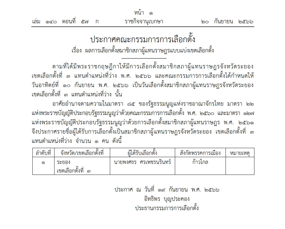 ราชกิจจาฯ ประกาศผลเลือกตั้งระยอง
