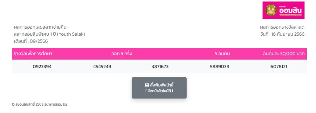 ผลการออกเลขสลากจ่ายคืน : สลากออมสินพิเศษ 1 ปี (Youth Salak) งวด 16 กันยายน 2566