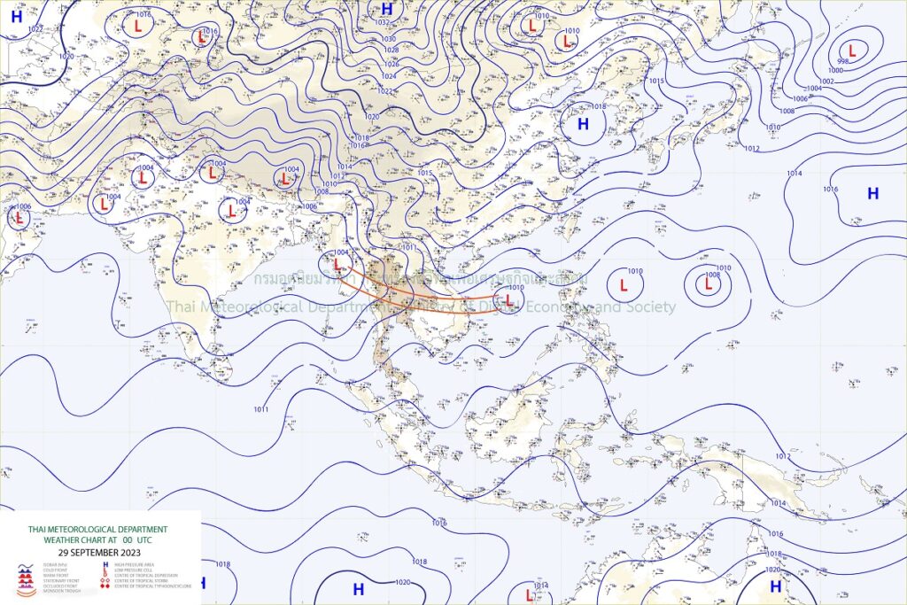 มีหย่อมความกดอากาศต่ำบริเวณประเทศเมืยนมา ประกอบกับมีร่องมรสุมกำลังแรงพาดผ่านภาคเหนือตอนล่าง ภาคกลางตอนบน และภาคตะวันออกเฉียงเหนือเข้าสู่หย่อมความกดอากาศต่ำบริเวณทะเลจีนใต้