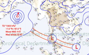 อธิบายภาพ : ร่องมรสุมพาดผ่านภาคใต้ ประกอบกับบริเวณความกดอากาศสูงหรือมวลอากาศเย็นจากประเทศจีนแผ่ปกคลุมประเทศไทยตอนบน กับมีพายุดีเปรสชันปกคลุมบริเวณอ่าวเบงกอล